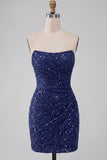 Glinsterende, strapless marineblauwe bodycon korte pailletten homecomingjurk