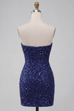 Glinsterende, strapless marineblauwe bodycon korte pailletten homecomingjurk