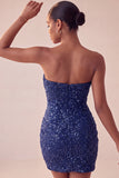 Glinsterende, strapless marineblauwe bodycon korte pailletten homecomingjurk
