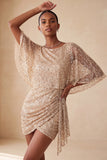 Glinsterende roze bodycon ronde hals pailletten gerimpeld korte homecoming jurk met sjerp