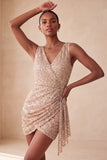 Glinsterende roze bodycon ronde hals pailletten gerimpeld korte homecoming jurk met sjerp