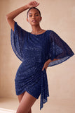 Glinsterende roze bodycon ronde hals pailletten gerimpeld korte homecoming jurk met sjerp