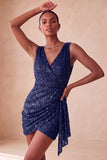Glinsterende roze bodycon ronde hals pailletten gerimpeld korte homecoming jurk met sjerp