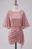 Glinsterende roze bodycon ronde hals pailletten gerimpeld korte homecoming jurk met sjerp