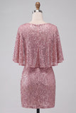 Glinsterende roze bodycon ronde hals pailletten gerimpeld korte homecoming jurk met sjerp