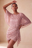Glinsterende roze bodycon ronde hals pailletten gerimpeld korte homecoming jurk met sjerp