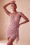 Glinsterende roze bodycon ronde hals pailletten gerimpeld korte homecoming jurk met sjerp