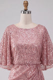 Glinsterende roze bodycon ronde hals pailletten gerimpeld korte homecoming jurk met sjerp