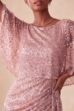 Glinsterende roze bodycon ronde hals pailletten gerimpeld korte homecoming jurk met sjerp