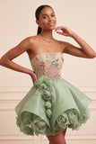 Stoffy Sage strapless A-lijn korset met veters op de rug pailletten korte homecomingjurk met 3D-bloemen