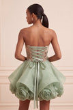 Stoffy Sage strapless A-lijn korset met veters op de rug pailletten korte homecomingjurk met 3D-bloemen