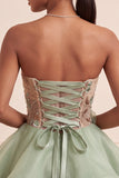Stoffy Sage strapless A-lijn korset met veters op de rug pailletten korte homecomingjurk met 3D-bloemen