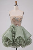 Stoffy Sage strapless A-lijn korset met veters op de rug pailletten korte homecomingjurk met 3D-bloemen