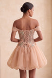 A-lijn roze off-the-shoulder korset homecoming jurk met bubble zoom en kant op de rug