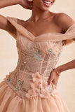 A-lijn roze off-the-shoulder korset homecoming jurk met bubble zoom en kant op de rug