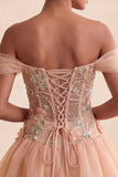 A-lijn roze off-the-shoulder korset homecoming jurk met bubble zoom en kant op de rug