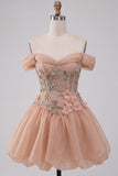 A-lijn roze off-the-shoulder korset homecoming jurk met bubble zoom en kant op de rug