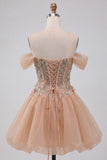 A-lijn roze off-the-shoulder korset homecoming jurk met bubble zoom en kant op de rug