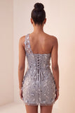 Eén schouder grijs bodycon veter achter pailletten korte homecoming jurk met 3D bloemen