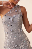 Eén schouder grijs bodycon veter achter pailletten korte homecoming jurk met 3D bloemen