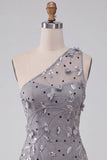 Eén schouder grijs bodycon veter achter pailletten korte homecoming jurk met 3D bloemen