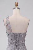 Eén schouder grijs bodycon veter achter pailletten korte homecoming jurk met 3D bloemen