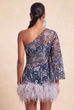 Marineblauwe eenschouder bodycon met pailletten homecoming jurk met veren