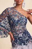 Marineblauwe eenschouder bodycon met pailletten homecoming jurk met veren