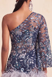Marineblauwe eenschouder bodycon met pailletten homecoming jurk met veren