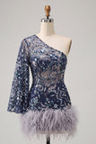 Marineblauwe eenschouder bodycon met pailletten homecoming jurk met veren