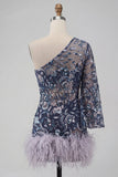 Marineblauwe eenschouder bodycon met pailletten homecoming jurk met veren