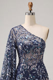 Marineblauwe eenschouder bodycon met pailletten homecoming jurk met veren
