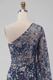 Marineblauwe eenschouder bodycon met pailletten homecoming jurk met veren