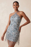 Halter neck grijs bodycon Bloemenkralenjurk met kralen en een korte homecomingjurk met franjes