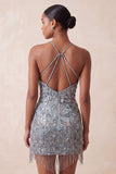 Halter neck grijs bodycon Bloemenkralenjurk met kralen en een korte homecomingjurk met franjes