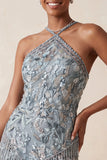 Halter neck grijs bodycon Bloemenkralenjurk met kralen en een korte homecomingjurk met franjes