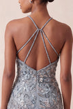 Halter neck grijs bodycon Bloemenkralenjurk met kralen en een korte homecomingjurk met franjes