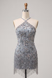 Halter neck grijs bodycon Bloemenkralenjurk met kralen en een korte homecomingjurk met franjes