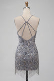 Halter neck grijs bodycon Bloemenkralenjurk met kralen en een korte homecomingjurk met franjes