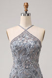 Halter neck grijs bodycon Bloemenkralenjurk met kralen en een korte homecomingjurk met franjes