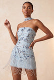 Blauwe strapless bodycon bloemenpailletten korte homecomingjurk met franjes