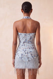 Blauwe strapless bodycon bloemenpailletten korte homecomingjurk met franjes