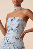 Blauwe strapless bodycon bloemenpailletten korte homecomingjurk met franjes