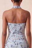 Blauwe strapless bodycon bloemenpailletten korte homecomingjurk met franjes