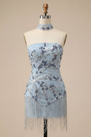 Blauwe strapless bodycon bloemenpailletten korte homecomingjurk met franjes