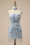 Blauwe strapless bodycon bloemenpailletten korte homecomingjurk met franjes