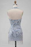 Blauwe strapless bodycon bloemenpailletten korte homecomingjurk met franjes