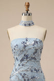 Blauwe strapless bodycon bloemenpailletten korte homecomingjurk met franjes