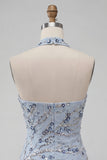 Blauwe strapless bodycon bloemenpailletten korte homecomingjurk met franjes