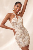 Champagne halter hals bodycon pailletten rugloos korte homecomingjurk